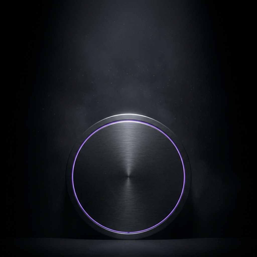 A round vault door set low in a black wall, its edge traced by violet light