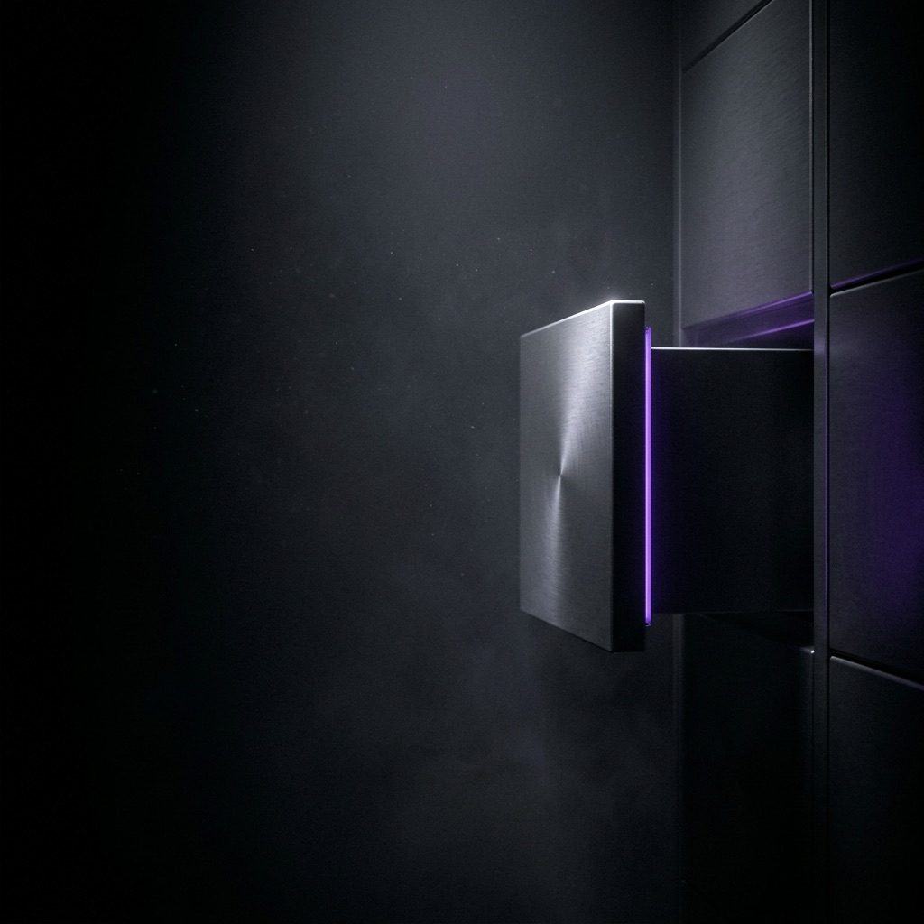 A single steel deposit-box drawer, slightly open, glowing violet from inside