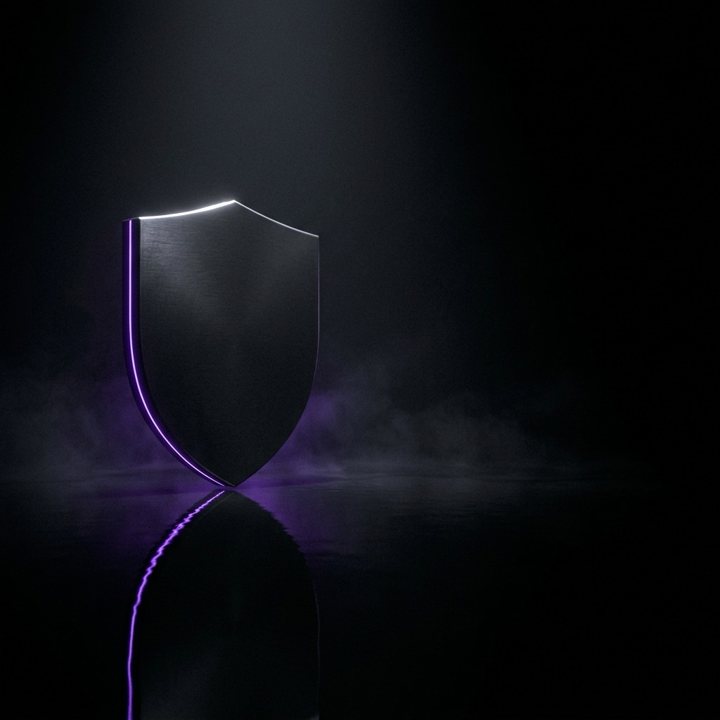 A black steel shield with a violet edge standing on still black water